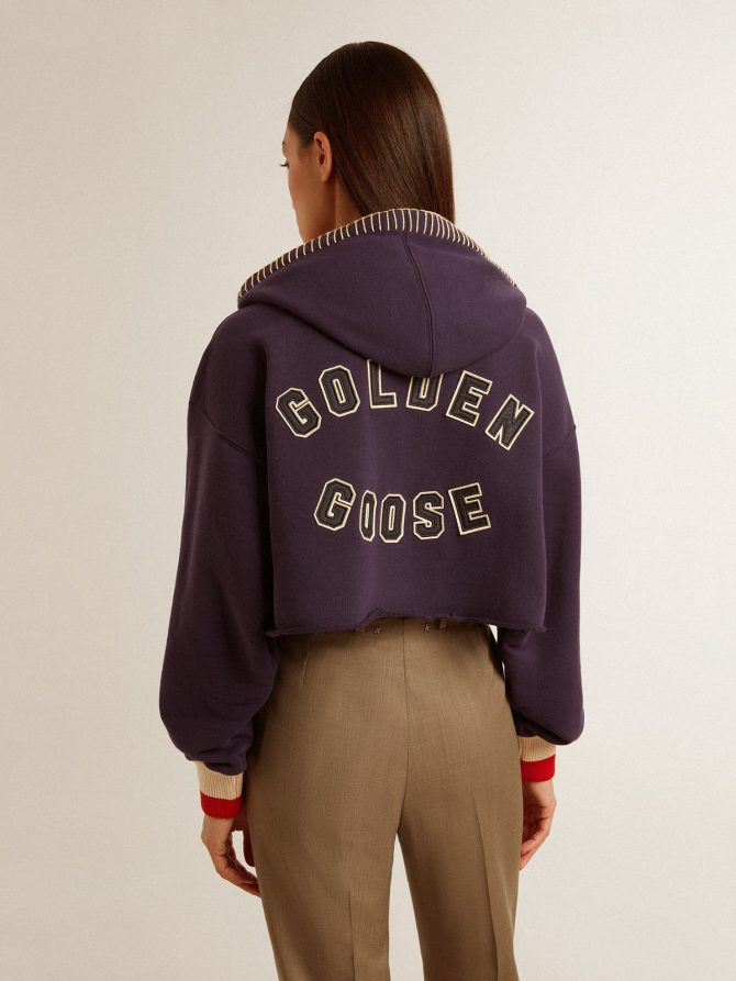Dark blue cropped sweatshirt with zip fastening and embroidered hood - Image 4