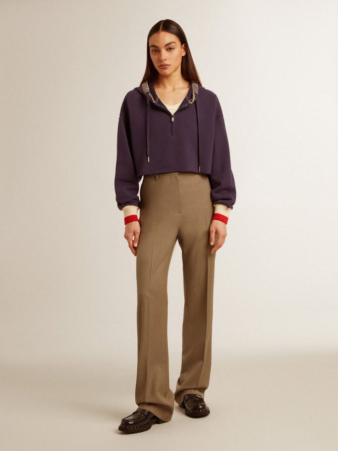 Dark blue cropped sweatshirt with zip fastening and embroidered hood - Image 6