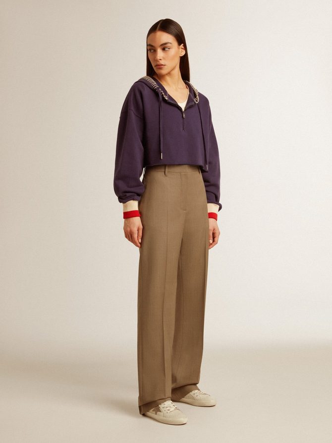 Dark blue cropped sweatshirt with zip fastening and embroidered hood - Image 7