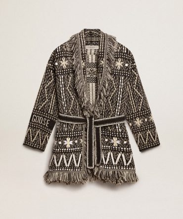 Cardigan with belt and dark gray Fair Isle pattern