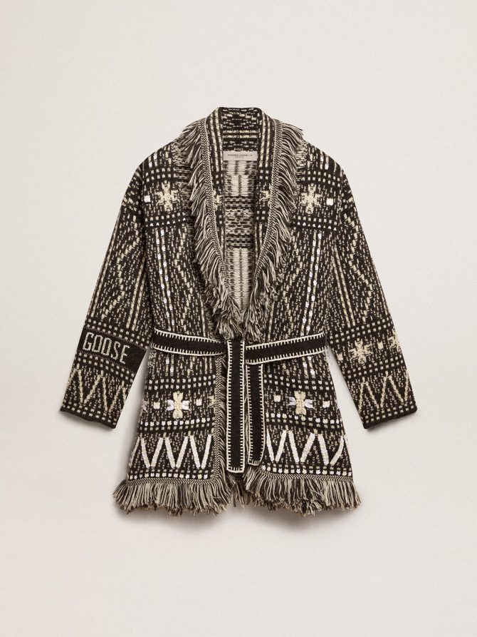 Cardigan with belt and dark gray Fair Isle pattern