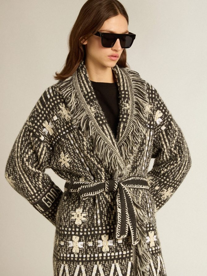 Cardigan with belt and dark gray Fair Isle pattern - Image 2