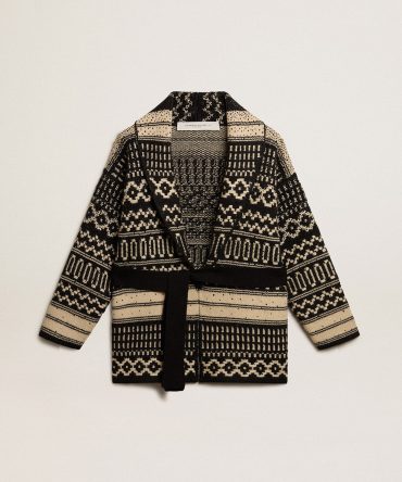 Women’s cardigan in ecru wool with jacquard design and belt