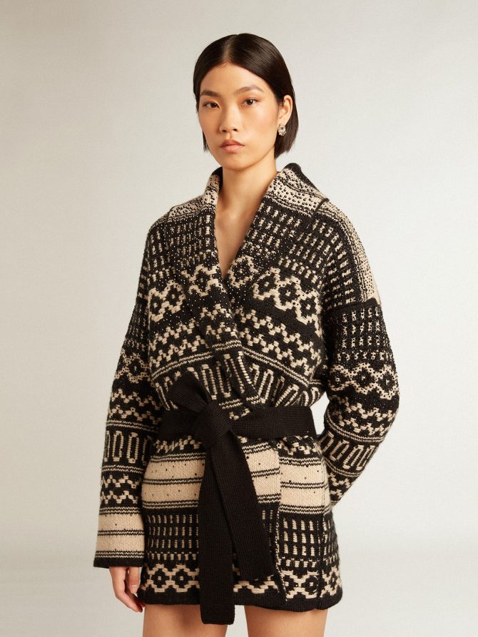 Women’s cardigan in ecru wool with jacquard design and belt - Image 2