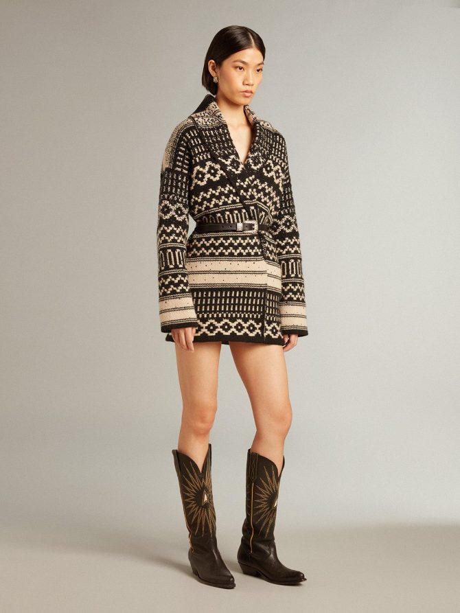 Women’s cardigan in ecru wool with jacquard design and belt - Image 3