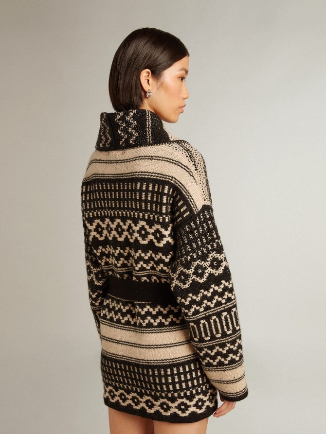 Women’s cardigan in ecru wool with jacquard design and belt - Image 4