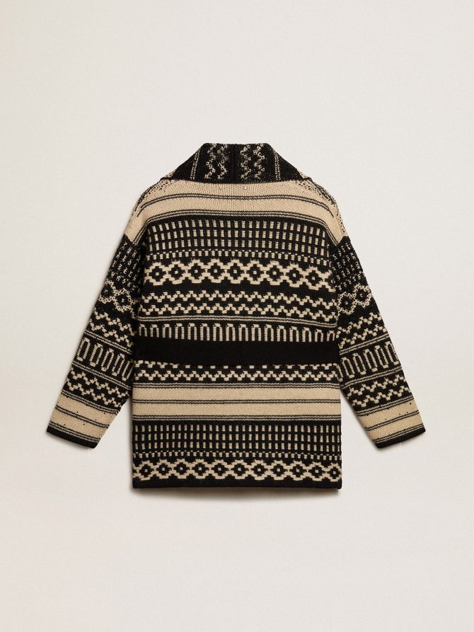 Women’s cardigan in ecru wool with jacquard design and belt - Image 6