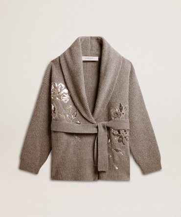 Women’s cardigan in gray melange wool with embroidery on the front