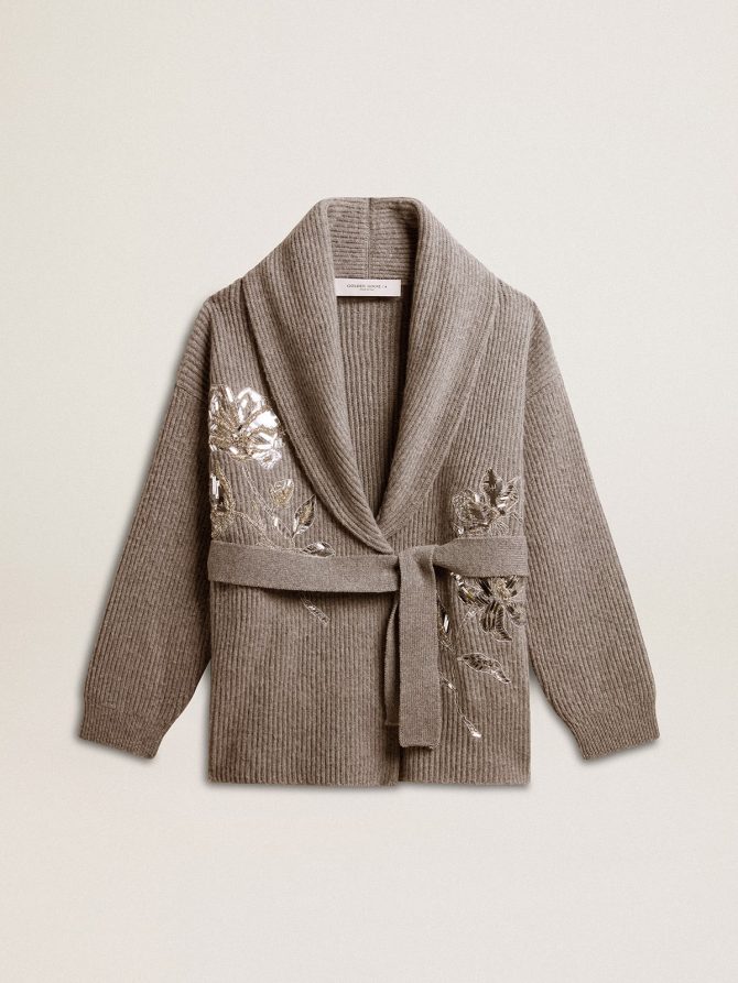Women’s cardigan in gray melange wool with embroidery on the front