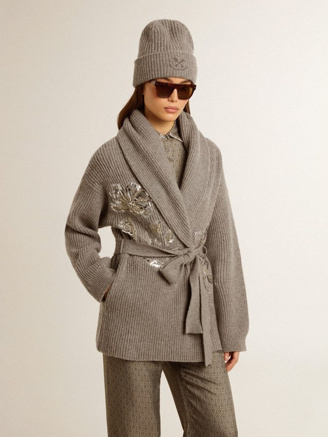 Women’s cardigan in gray melange wool with embroidery on the front - Image 3