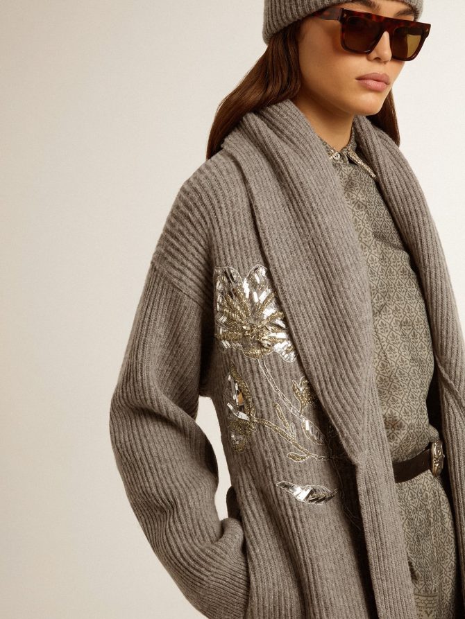 Women’s cardigan in gray melange wool with embroidery on the front - Image 4