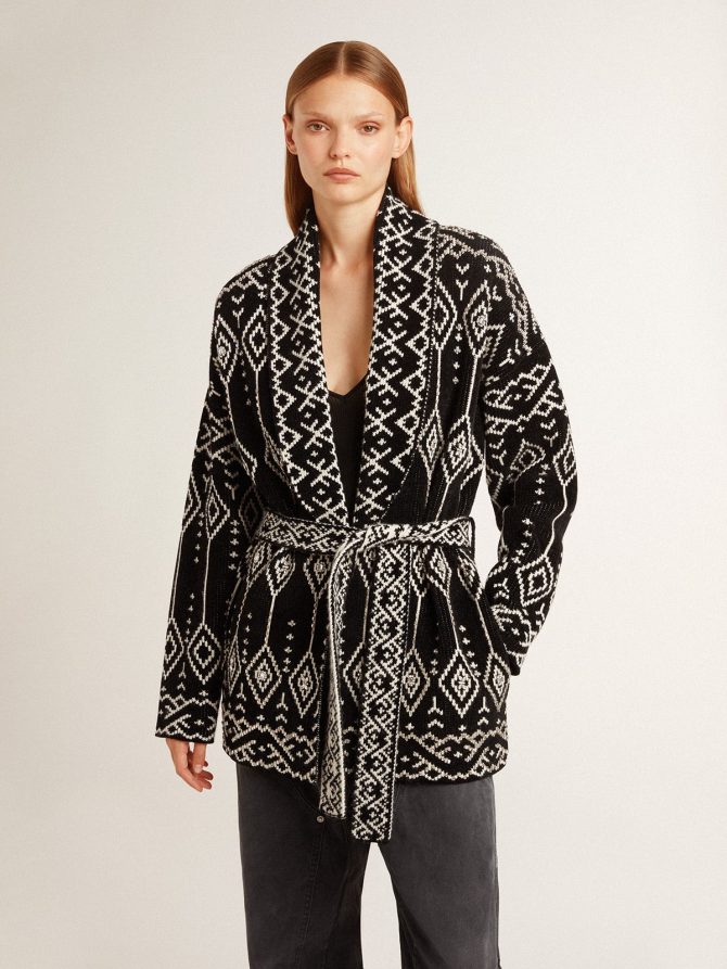 Women’s black cardigan with belt and crystals - Image 2