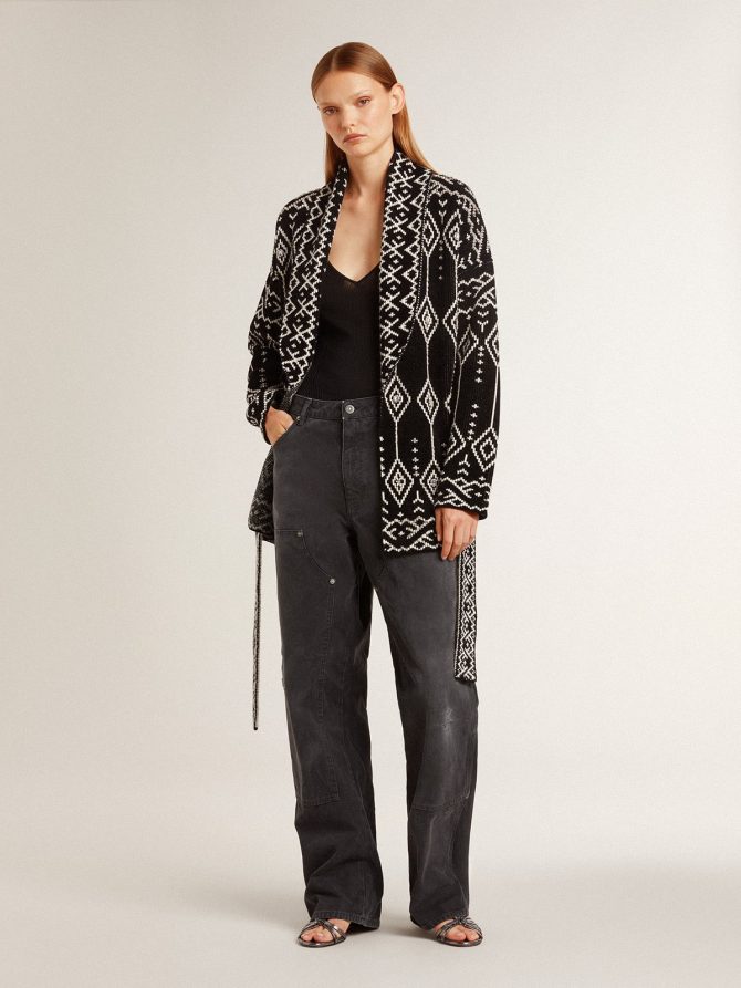 Women’s black cardigan with belt and crystals - Image 3