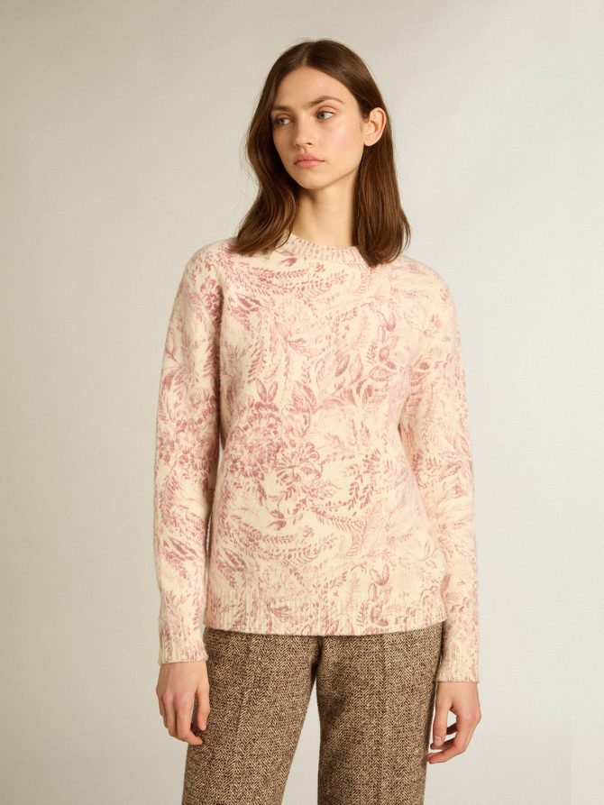 Women’s round-neck sweater in wool with all-over toile de jouy pattern - Image 5