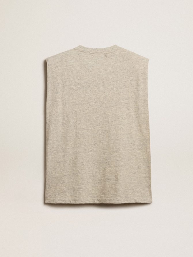 Aged white sleeveless T-shirt with padded shoulder and pearls - Image 2