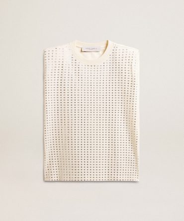 Aged white sleeveless T-shirt embellished with crystals