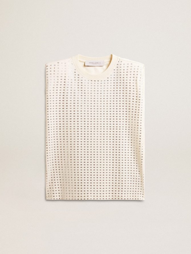 Aged white sleeveless T-shirt embellished with crystals