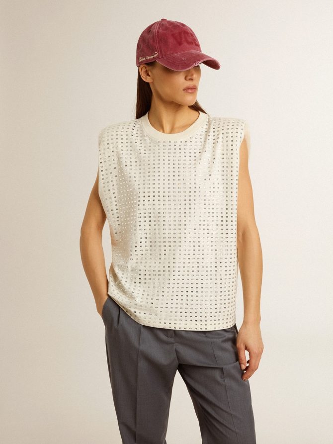 Aged white sleeveless T-shirt embellished with crystals - Image 2