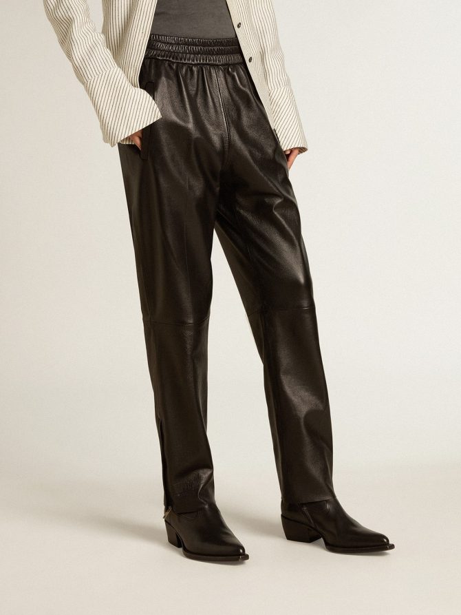 Black joggers in nappa leather with zip at the base - Image 2