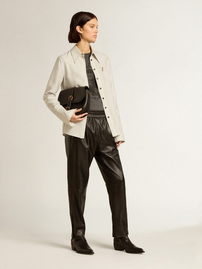 Black joggers in nappa leather with zip at the base - Image 3