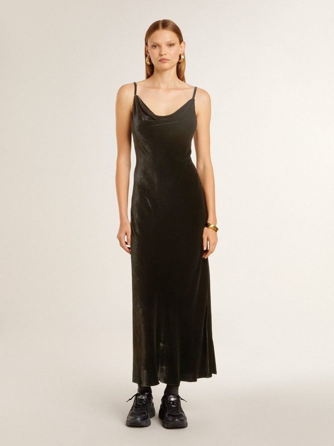 Women’s black velvet-effect slip dress - Image 2