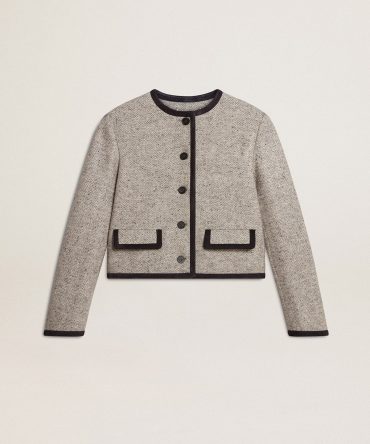 Women’s grey wool and silk jacket with black suede trim