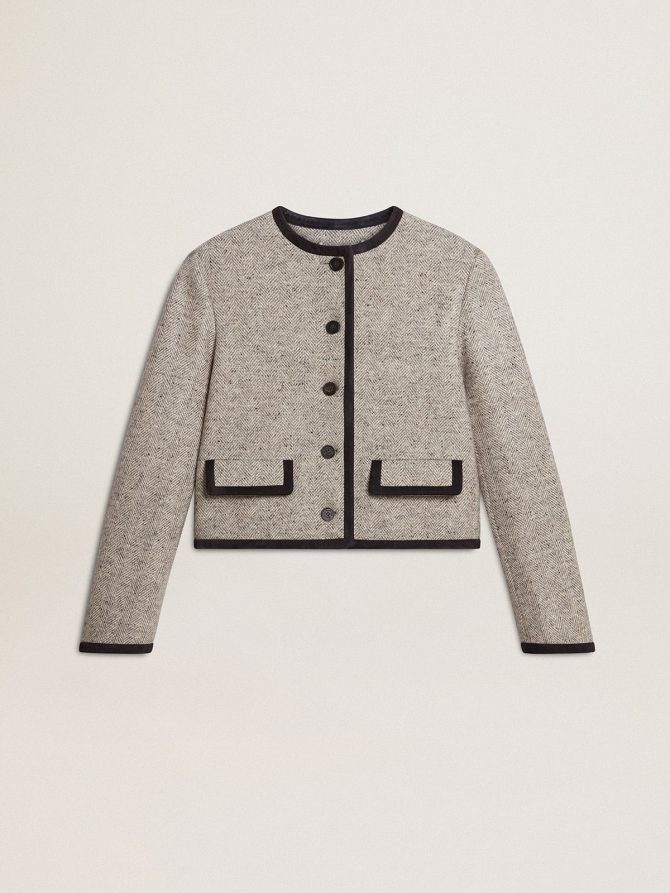 Women’s grey wool and silk jacket with black suede trim