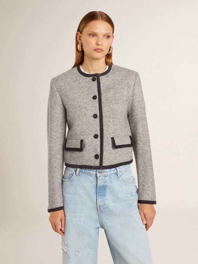 Women’s grey wool and silk jacket with black suede trim - Image 2