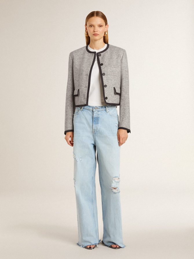 Women’s grey wool and silk jacket with black suede trim - Image 3