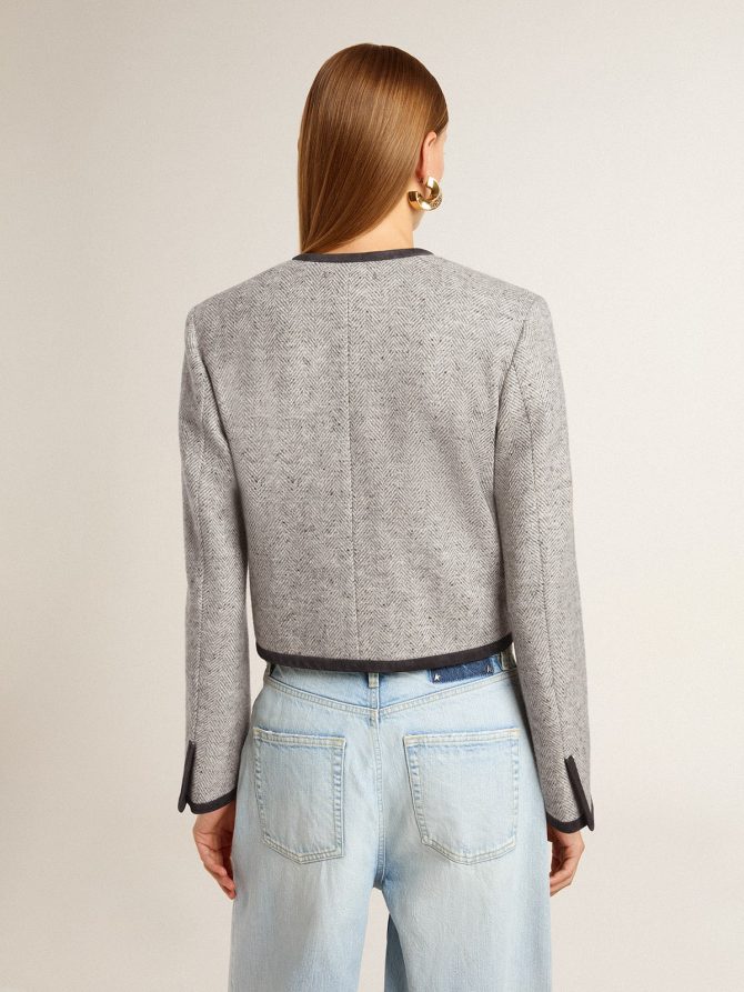 Women’s grey wool and silk jacket with black suede trim - Image 4