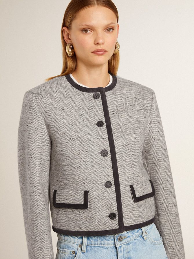 Women’s grey wool and silk jacket with black suede trim - Image 5