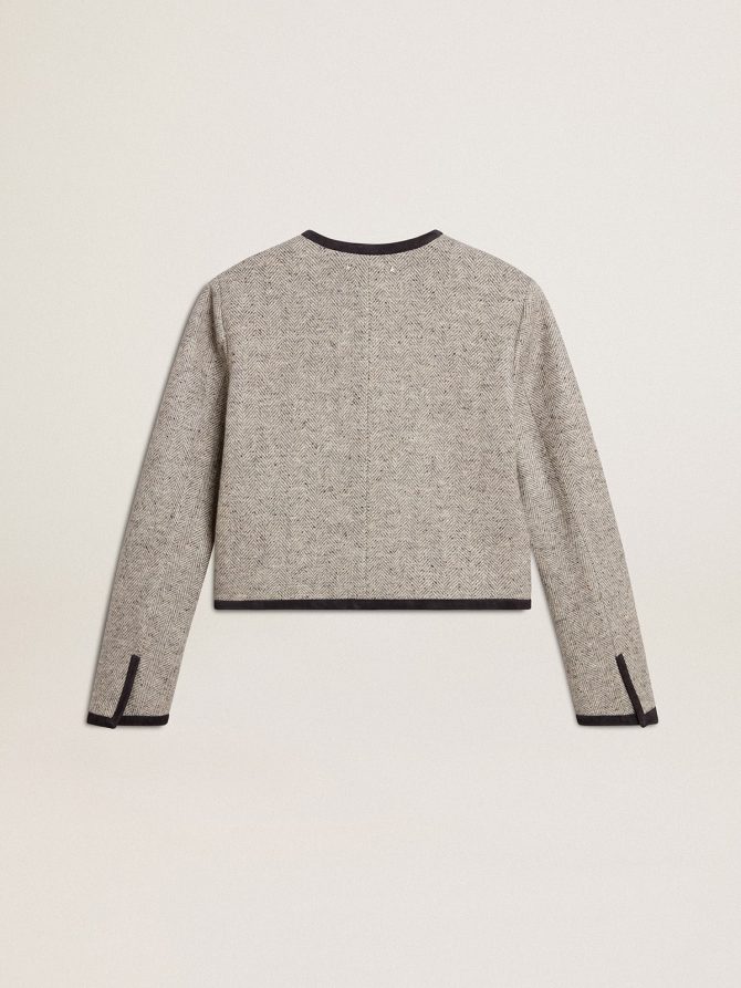 Women’s grey wool and silk jacket with black suede trim - Image 6