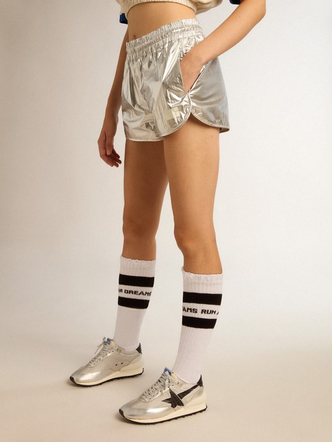 Women’s running shorts in silver fabric - Image 2