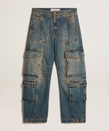 Blue jeans with a distressed finish