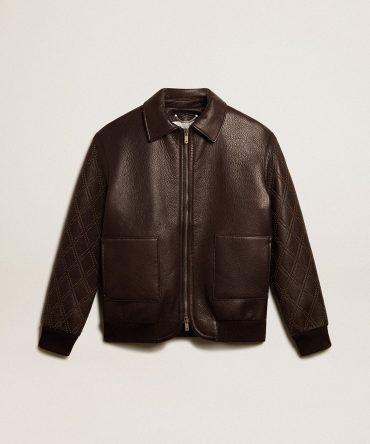 Brown nappa leather jacket with studded sleeves
