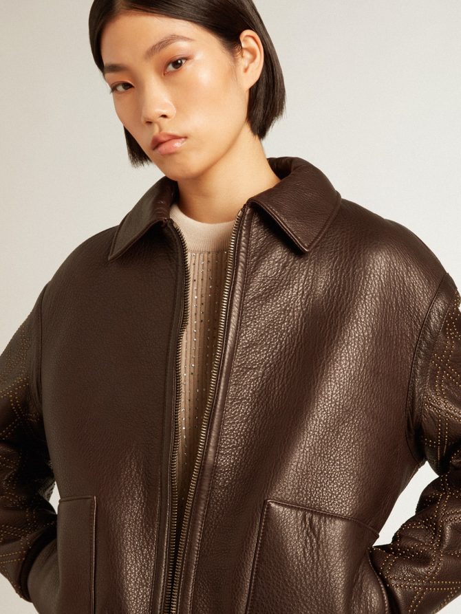 Brown nappa leather jacket with studded sleeves - Image 2