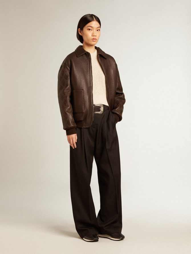 Brown nappa leather jacket with studded sleeves - Image 3