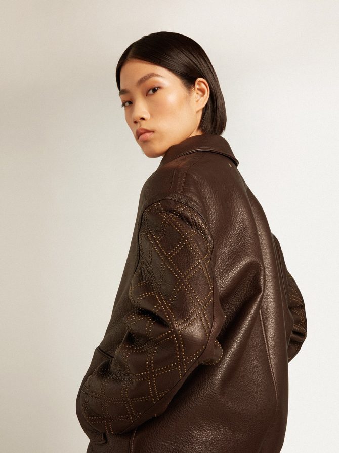 Brown nappa leather jacket with studded sleeves - Image 5