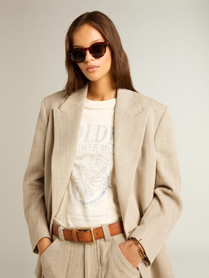 Women’s beige double-breasted blazer with button fastening - Image 2