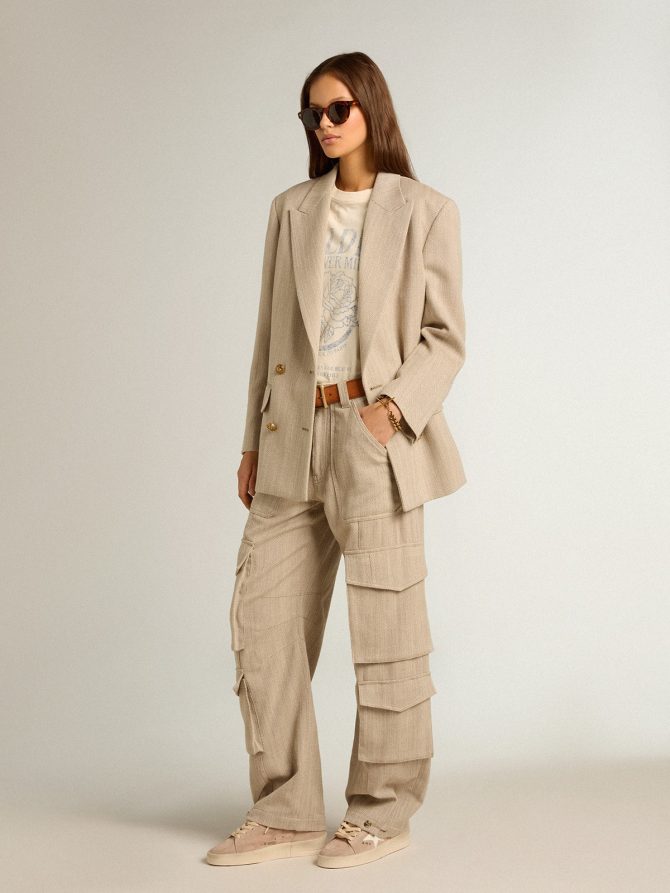Women’s beige double-breasted blazer with button fastening - Image 3
