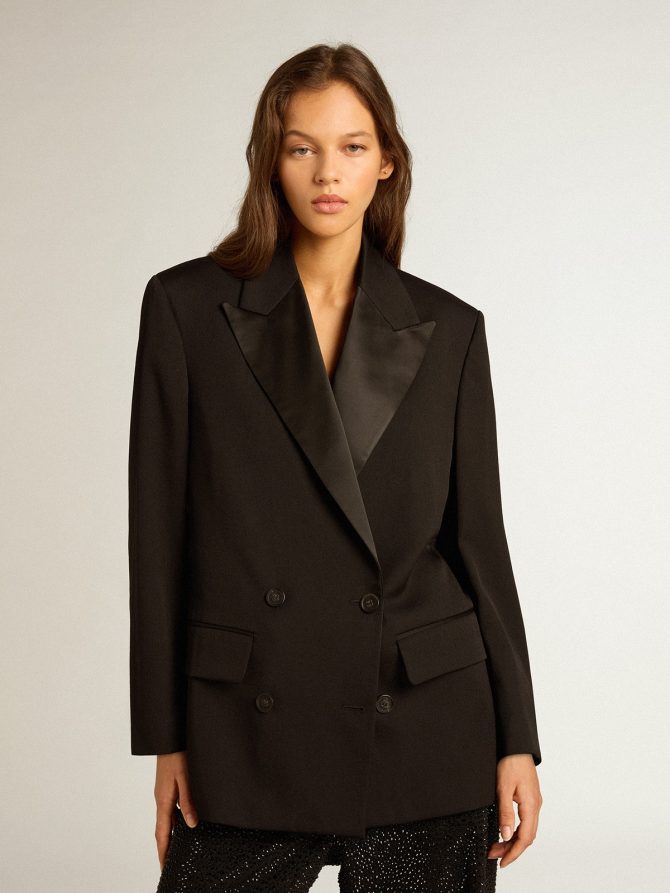 Women’s tuxedo jacket in black wool gabardine - Image 2