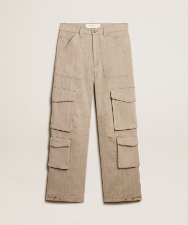 Women’s dark olive-colored cotton cargo pants with a herringbone design