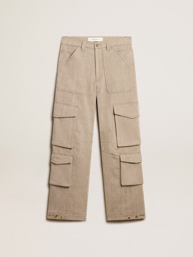 Women’s dark olive-colored cotton cargo pants with a herringbone design