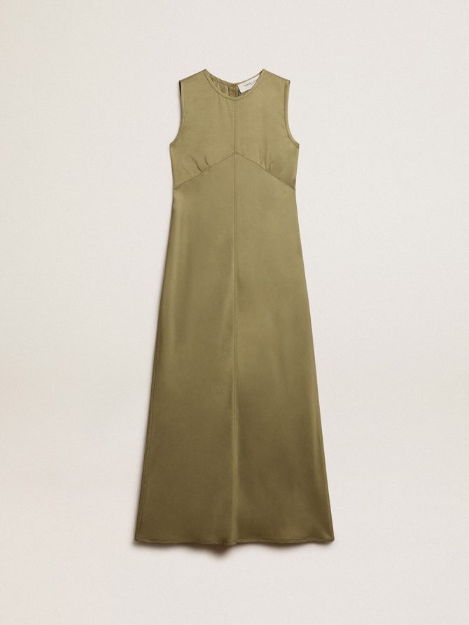 Olive-colored women’s midi dress with zip fastening on the back