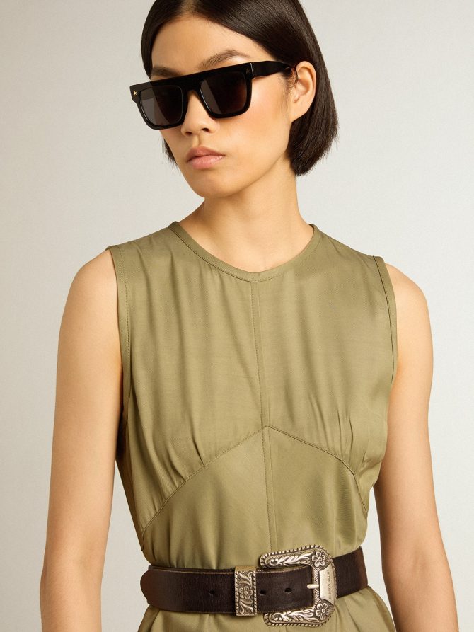 Olive-colored women’s midi dress with zip fastening on the back - Image 2