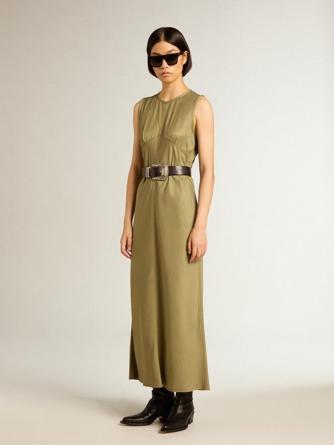 Olive-colored women’s midi dress with zip fastening on the back - Image 3