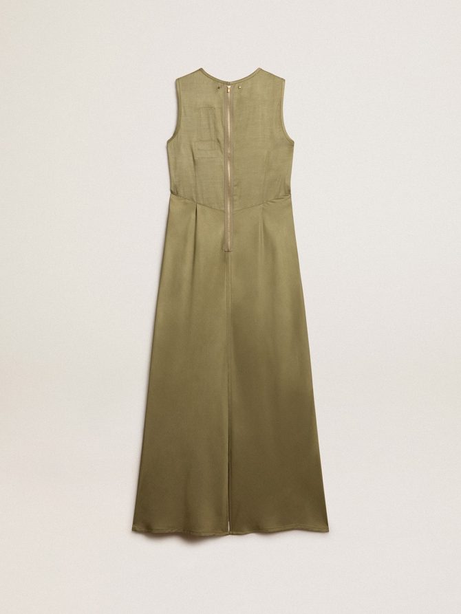 Olive-colored women’s midi dress with zip fastening on the back - Image 4