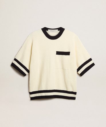Women’s short-sleeved sweater in vintage white with blue rib knit