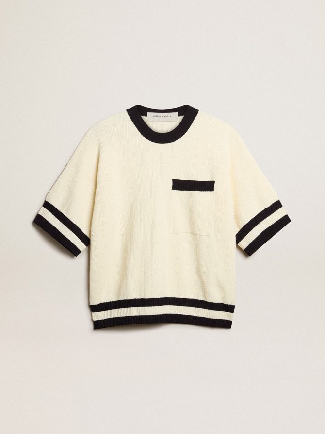 Women’s short-sleeved sweater in vintage white with blue rib knit