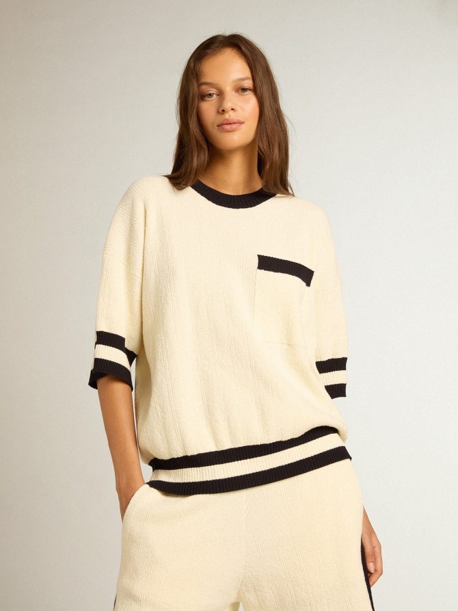 Women’s short-sleeved sweater in vintage white with blue rib knit - Image 2